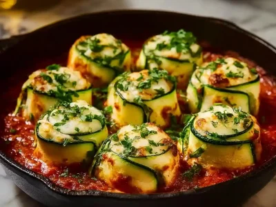 Three cheese zucchini rollatini dish served on a white plate with herbs.