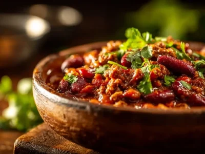 Cozy crockpot turkey chili in a bowl, garnished with cilantro and jalapeños.