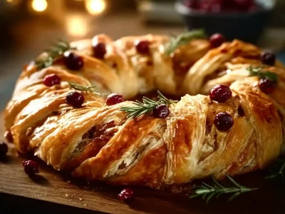 Turkey and Gruyere Crescent Roll Bake served in a dish, garnished with herbs.