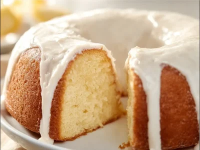 Deliciously moist Vanilla Bundt Cake garnished with powdered sugar and berries.