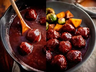 Vegan cranberry chili meatballs served on a plate with fresh herbs.