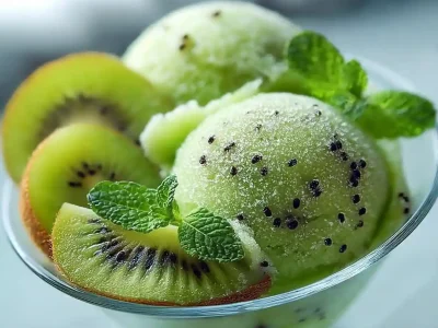 Delicious Vegan Kiwi Sorbet served in a bowl with fresh kiwi slices