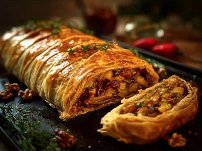 Delicious Vegetable Wellington filled with fresh vegetables and wrapped in flaky pastry.