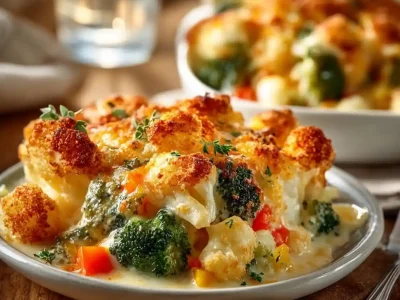 Creamy winter vegetable casserole made with seasonal vegetables