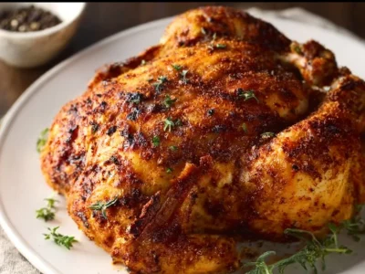 Air fryer whole roast chicken recipe with crispy skin and juicy meat