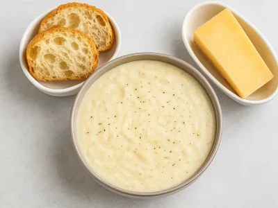 alfredo sauce with bread and parmesan served in ceramic bowls