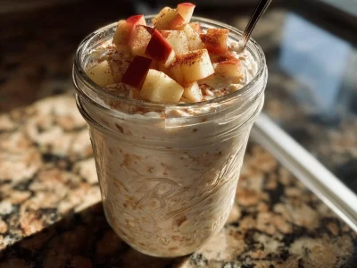 Bowl of Amazing Cinnamon Apple Overnight Oats topped with apples and cinnamon
