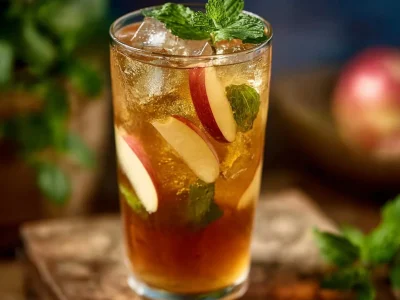 Refreshing Apple Iced Tea served in a glass with apple slices and mint leaves