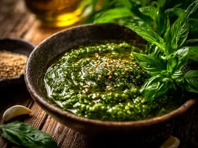 Bowl of Asian Basil Pesto with fresh basil leaves and ingredients