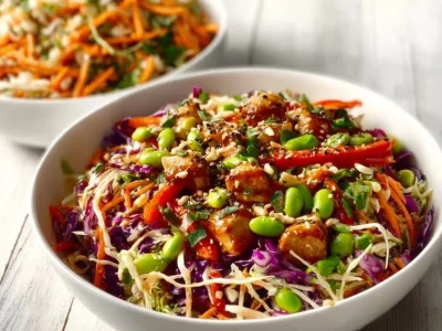 Delicious Asian Chicken Crunch Salad with fresh vegetables and crunchy toppings
