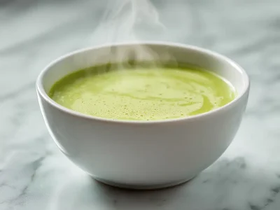 asparagus and zucchini soup creamy texture in white bowl