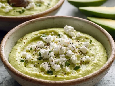 Delicious avocado feta dip served in a bowl with fresh vegetables