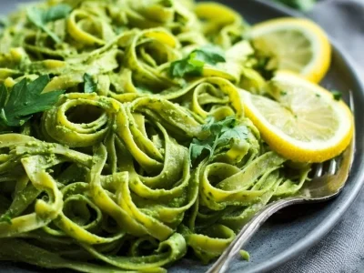 Nut-free avocado lemon pesto recipe with fresh ingredients