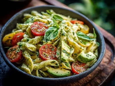 Avocado Pesto Pasta Salad with fresh ingredients and colorful presentation