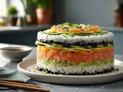 Avocado Sushi Cake beautifully arranged with fresh ingredients