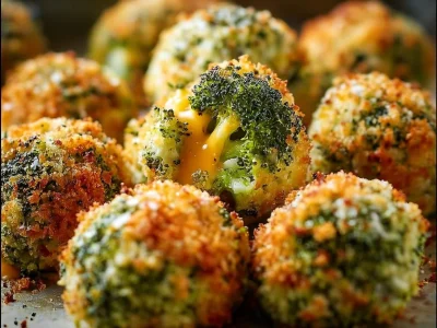 Baked broccoli cheese balls served on a plate, garnished with herbs