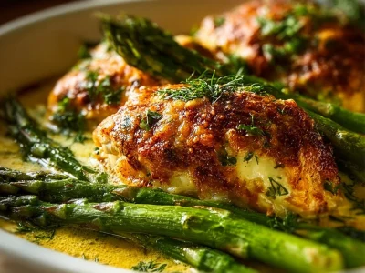 Baked chicken served with asparagus on a white plate