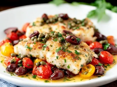 Delicious Baked Corvina served with herbs and lemon