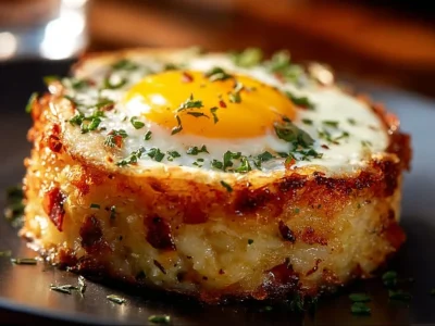Delicious Baked Eggs Napoleon served with fresh herbs and toppings.