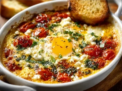 Baked feta eggs served with herbs and spices in a rustic dish