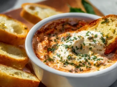 Baked goat cheese dip served in a dish with herbs and crackers