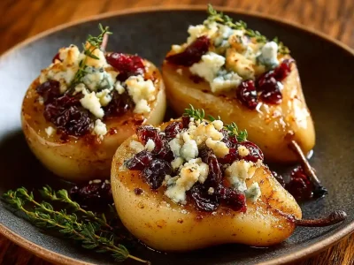 Baked pears topped with feta cheese, honey, and cranberries on a plate