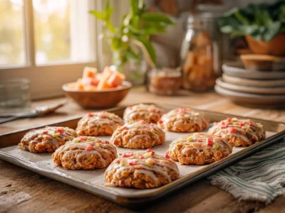 Baked rhubarb fritters served on a plate with fresh rhubarb garnish