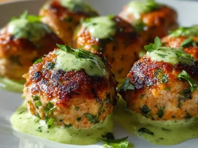 Baked salmon meatballs served with avocado sauce on a plate.
