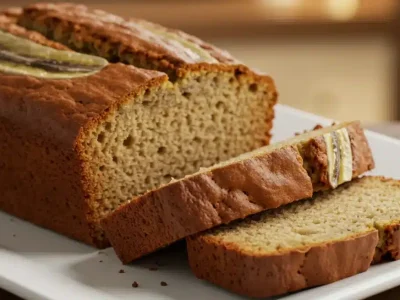 A freshly baked banana bread loaf with a golden-brown crust, resting on a rustic wooden board. The soft, moist texture is visible through natural cracks on the surface. Warm lighting enhances the cozy, homemade feel.