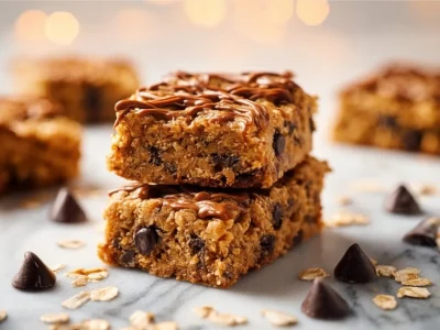 Delicious homemade banana snack bars stacked on a plate.