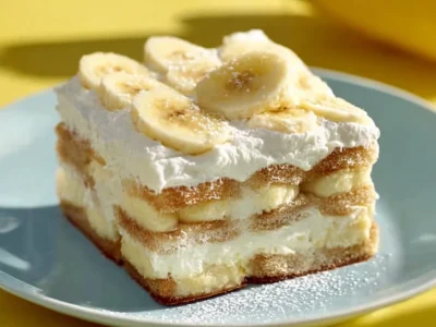 Delicious banana tiramisu dessert served in a glass with layers of cream and banana.