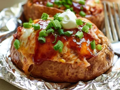 BBQ beef stuffed potatoes topped with cheese and green onions
