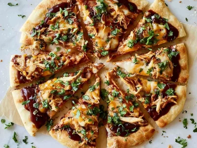 BBQ chicken flatbread topped with fresh ingredients and drizzled with sauce.