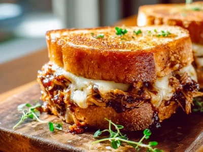 BBQ Chicken Grilled Cheese sandwich with melty cheese and smoky flavors