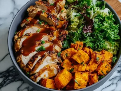 BBQ chicken served in a sweet potato bowl with colorful veggies