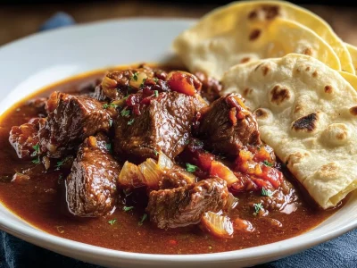 Plate of Beef Chile Colorado with rice and garnishes