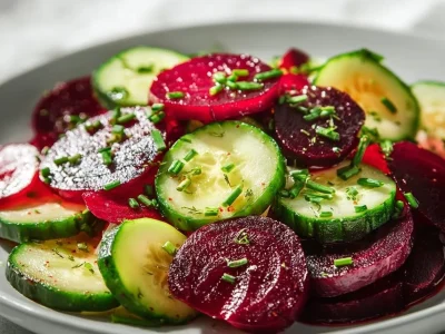 Colorful Beet and Cucumber Salad with fresh greens and dressing