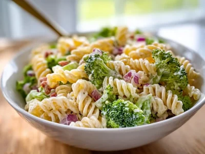A vibrant bowl of broccoli pasta salad with colorful vegetables and dressing
