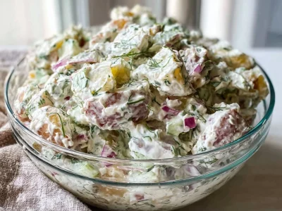 Crispy smashed potato salad with herbs and spices in a bowl.