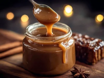 Biscoff cookie butter coffee syrup in a jar with a spoon