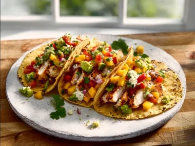 Blackened chicken tacos topped with mango avocado salsa on a plate