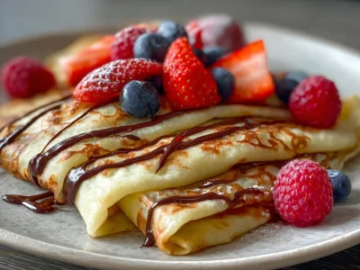 Delicious homemade blender crepes stacked on a plate