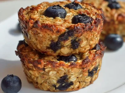 Baked blueberry banana oatmeal cups served in a colorful baking dish.