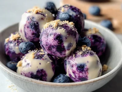 Blueberry cheesecake protein bites stacked on a white plate