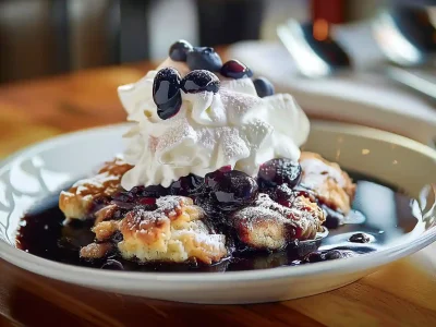 Blueberry cobbler coffee served with whipped cream and juicy berries