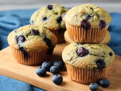 Freshly baked blueberry matcha muffins on a wooden table.