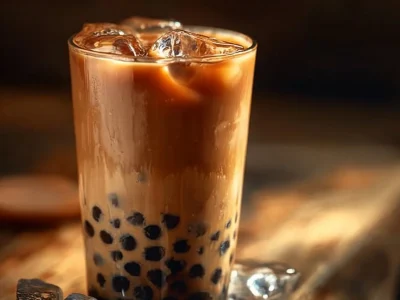 A refreshing cup of boba milk tea with tapioca pearls in it.