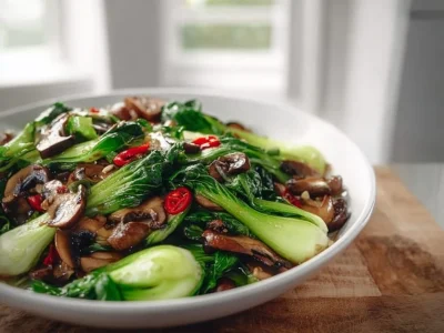 Bok choy and mushroom stir fry in a colorful bowl, showcasing freshness and flavor.
