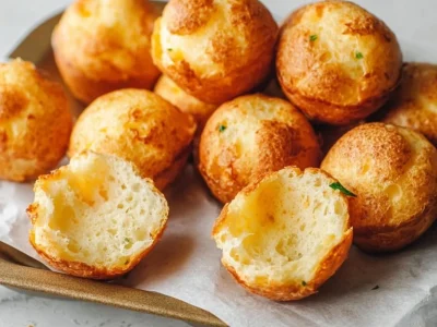 Freshly baked Brazilian cheese bread in a basket.