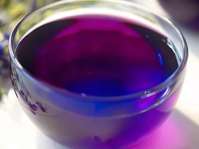 brazilian mounjaro recipe – vibrant purple herbal tea served warm in a clear glass, with a calming color-changing effect.